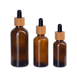 Skin Care Cosmetic Packaging Amber Olive Oil Glass Bottle with Bamboo Lid 5ml 10ml 15ml 20ml 30ml 50ml 100ml Cylinder Serum Bamboo Dropper Bottle Freeship