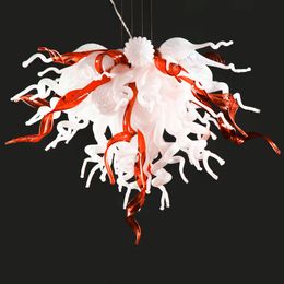Mediterranean Hand Blown Glass Pendant Lamps White Custom LED Decorative Red Leaves Murano Flower Chandelier 28 by 24 Inches