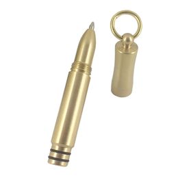 Original Design 33g Mini Brass Ballpoint Pen Hand-made Portable Pocket Ball Pen with Key Ring Cute Small Short Gold Pen 201111