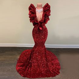 Long Sparkly Prom Dresses 2021 deep V-neck evening gowns Mermaid Ruffles Burgundy Sequin African Black Girls Prom Dresses Party Gowns