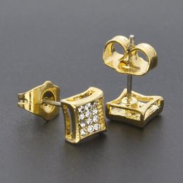 3 Row Micro Pave Bling Square Stud Earrings for Men Women Gold Plated Iced Out Cubic Zirconia CZ Stone Screw Back Earrings Gift New Fashion Charm Hip Hop Jewellery