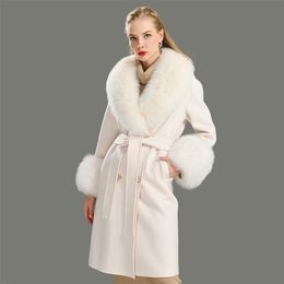 Cappotto di lana Donna Pied De Poule Collo in pelliccia di volpe naturale Cashmere Misto lana Capispalla lunga Donna Streetwear 201221