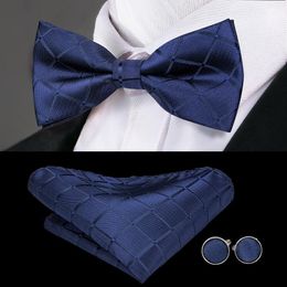 Bow Ties Hi-Tie Blue For Men 100% Silk Butterfly Pre-Tied Tie Pocket Square Cufflinks Set Wedding Party Plaid Paisley Bowtie1
