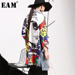 [EAM] Loose Fit Back Pattern Printed Denim Big Size Long Jacket New Lapel Long Sleeve Women Coat Fashion Tide Spring LJ200813