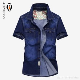 Cowboy Pockets Cotton Casual Shirts Men Spring Short Sleeve Dress Shirts Summer Fashion Sweat Multi-pocket Denim Blue C1210