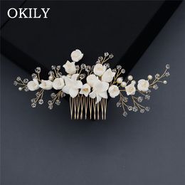 Trendy Bride Handmade Polymer Clay Flower with Pearl Crystal Hair Comb Wedding Headdress Bride Head Piece Ornaments J0121