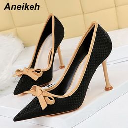 Aneikeh Women's Shoes Fashion Office Lady Lace Patchwork High Heels Butterfly-Knot Pointed Toe Pumps Slip-On 2021 Spring/Autumn C0129