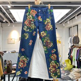 Men's Jeans Fashion brand summer hand painted flower jeans