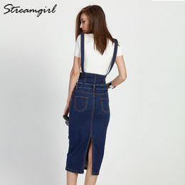 Streamgirl Long Denim Skirt With Straps Women Button Jeans Skirts Plus Size Long High Waist Pencil Skirt Denim Skirts Womens 201111