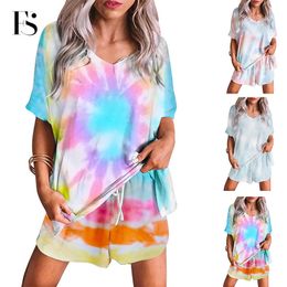 2020 New Arrival Tie-dye Women Pyjamas Sets Two Pieces Short Sleeve+pant Casual Tracksuit Loose V Neck Lacing Cotton Sleepwear Y200708