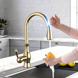 Touch Golden Pull Out Kitchen Sink Faucet Sensor 360 Rotation Two Outlet Water Modes Single Handle Cold Hot Mixer Tap