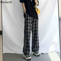 Woherb Vintage Plaid Pants Women New Harajuku Ankle Length Wide Leg Pants Korean Streetwear Girls Trousers Pantalon Femme 201031