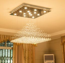 Modern Wave K9 Crystal Hanging Wire Ball Square Pendant Lamp Lighting Fixture Rain Drop Curtain Glass Chandelier LED Light