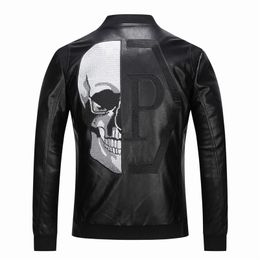 Skull Rhinestones PU Jackets Men Black High Street Stand-Neck Zipper Rib Sleeve Streetwear Motorcycle Faux Leather Coats 220115