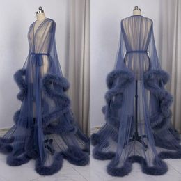 Sexy Illusion Tulle Feather Sleepwear Robes Long V Neck Bathrobe A Line Nightgowns Bridal Undergarments Custom Made
