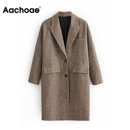 Aachoae Fashion Winter Plaid Long Coats Women Single Breasted Casual Jackets For Ladies Vintage Elegant Long Sleeve Pockets Coat 201218