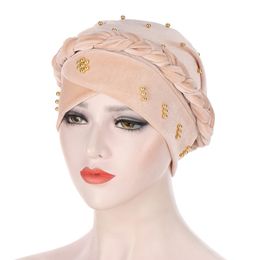 New Turban Headwear for women Velvet Bead Solid Cross Braid Caps Chemo Beanies Hats for Cancer Headwrap Hijab Hair Accessories