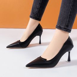 8cm Women Pumps Pointed Toe Slip on Boat Shoes Thin Heels Dress Shoes Black Ladies Shoes Zapatos Mujer Stilettos Spring 9337N
