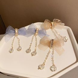 Dangle & Chandelier Korean 2022 Summer Trendy Cloth Bow Crystal Tassel Earrings For Women Sweet Jewellery Elegant Long Pendientes