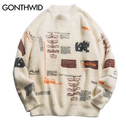 GONTHWID Graffiti Knitted Pullover Jumper Sweaters Streetwear Hip Hop Casual Long Sleeve Turtleneck Knitwear Sweater Men Tops 201022