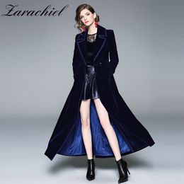 Plus Size 2XL New Winter Women Long Sleeve Notched Collar Double-Breasted Gold Velvet Maxi Trench Coat Autumn Outerwear 201102
