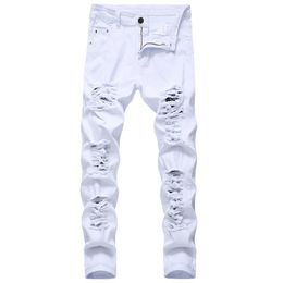 Mens White Black Distressed Holes Skinny Jeans Full Length Denim Pants Street Style Trousers Wholesale PIJ8