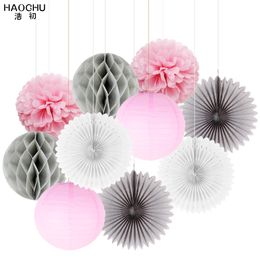 10pcs/lot Mix Paper Hanging Ball Craft Decor Set Round China Paper Lantern/Flower/Fan For Birthday Wedding Party Decoration Gift Y200903