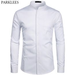 Men's Hipster Mandarin Collar Dress Shirts Brand New Slim Fit Long Sleeve Chemise Casual Work Busienss Shirt Male White 2XL 201026