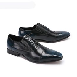 Handmade Genuine Leather Men Dress Shoes Lace-up Wedding Party Office Blue Formal Oxfords Male Footwear, EU38-46