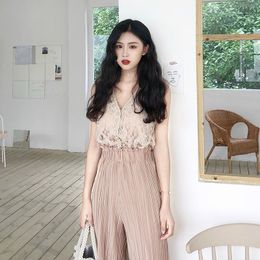 Women Summer Elegant Sexy Two Piece Set V Neck Shirt Lace Hollow Pearl Tank Top with High Waist Wide Leg Pleated Long Pants LJ201117