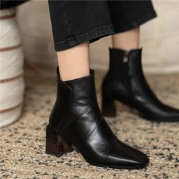 Hot Sale 2020 Genuine leather boots thick high heels square toe ladies shoes autumn winter black brown solid ankle boots women