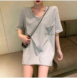 pure cotton women's t-shirts harajuku summer korean casual T Shirt for Women loose Short Sleeve T-Shirt V-neck white Grey Tops G220310