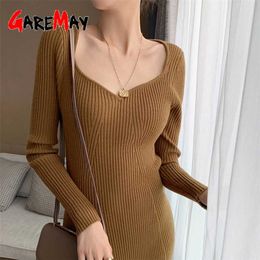 Autumn Winter Dress Elegant Vintage Thick Beige Slim Warm Women Knitted Dress Square Collar Knit Chic Bodycon Sweater Dress 211221