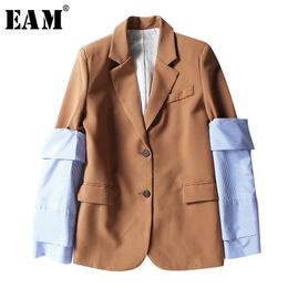 [EAM] New Spring Lapel Logn Sleeve Blue Striped Removable Stitching Hit Colour Jacket Women Coat Fashion Tide JI825 201112