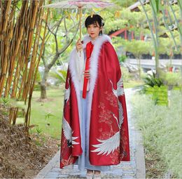 Chinese style Cloak Cape with cap Autumn and winterwomen's long hooded Chinese Hanfu Cape crane printing Plush warm long wool tassel Cape