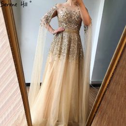 Dubai Gold Luxury O-Neck Sexy Evening Dresses 2020 Sequins Crystal With Cap Sleeves Formal Dress Serene Hill LJ201123