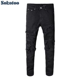 Sokotoo Men's black patchwork stretch denim biker jeans for motorcycle Slim fit skinny ripped pencil pants C1123