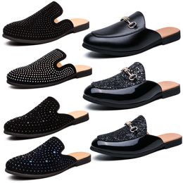 Luxury Brand Designer mens Slippers rhinestones Princetown Loafers Genuine leather Flats Mules Fashion Casual shoes Slipper black slip-on shoes Slides