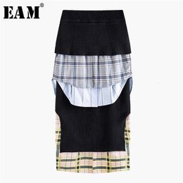 [EAM] High Elastic Waist Ruffles Black Plaid Split Temperament Half-body Skirt Women Fashion Tide New Spring Autumn 2020 1N040 T200712