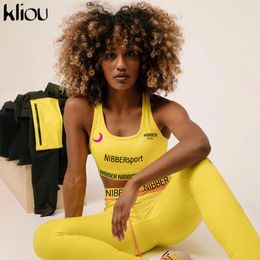 kliou women outfits skinny stretch two pieces set High elastic fitness tracksuit skinny stretch outwear slim Leggings Sportswear 201104