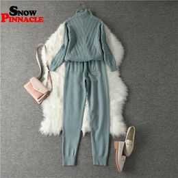 Women sweater suits set Knitted tracksuit Warm soft turtleneck pullovers and long pants for female knitted customs 201110