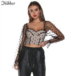 Nibber autumn sexy club party night lace see-through crop top womens black dot Elegant low-cut full sleeve tee shirts mujer T200110