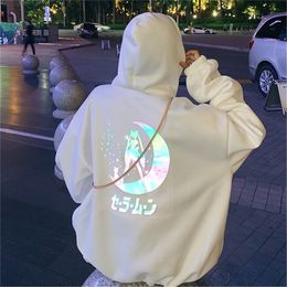 oversized autumn Reflective Material Sailor Moon Cartoon Hoodie Women Loose Casual Long Pullover Tops Streetwear Sweatshirt 201212