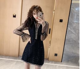 2021 White And Black Autumn Women's Two-piece Set Lace Bottoming Shirt + Ladies Tweed Beaded V-Neck Vest A-line Dresses