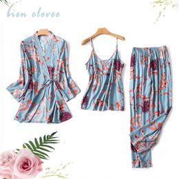 Women Sexy Pyjama Sleepwear Sets Floral Printed Pyjama Women Robe for Ladies Home Suit Autumn Winter Nightwear Pijama 3 pieces 201217