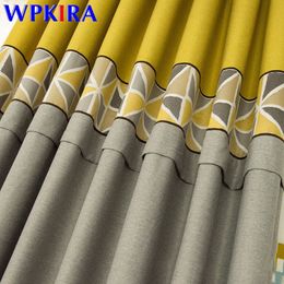 Fashion Blackout Window Curtain for Living Room Modern Yellow Splice Grey Twill Drapes Geometric Wave Embroidered Tulle LJ201224