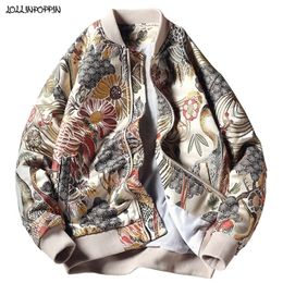 Japan Style Floral & Crane Embroidery Men Bomber Jacket Stand Collar Streetwear Varsity Baseball Coat Plus Size 201118