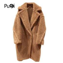 PUDI New Women Real Sheep Fur Wool Silk Coat Girl Leisure Solid Teddy Bear Color Jacket Over Size Trench Parkas CT817 201120