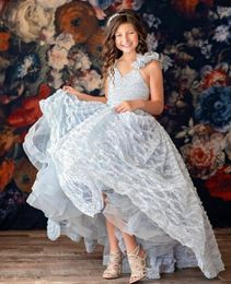 Silver Lace 2020 Flower Girl Dresses Ball Gown Hi-Lo Little Girl Wedding Dresses Cheap Communion Pageant Dresses Gowns