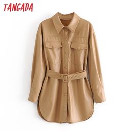 Tangada Women khaki faux leather jacket coat turn down collar Ladies Long Sleeve loose coat with slash QN70 201029